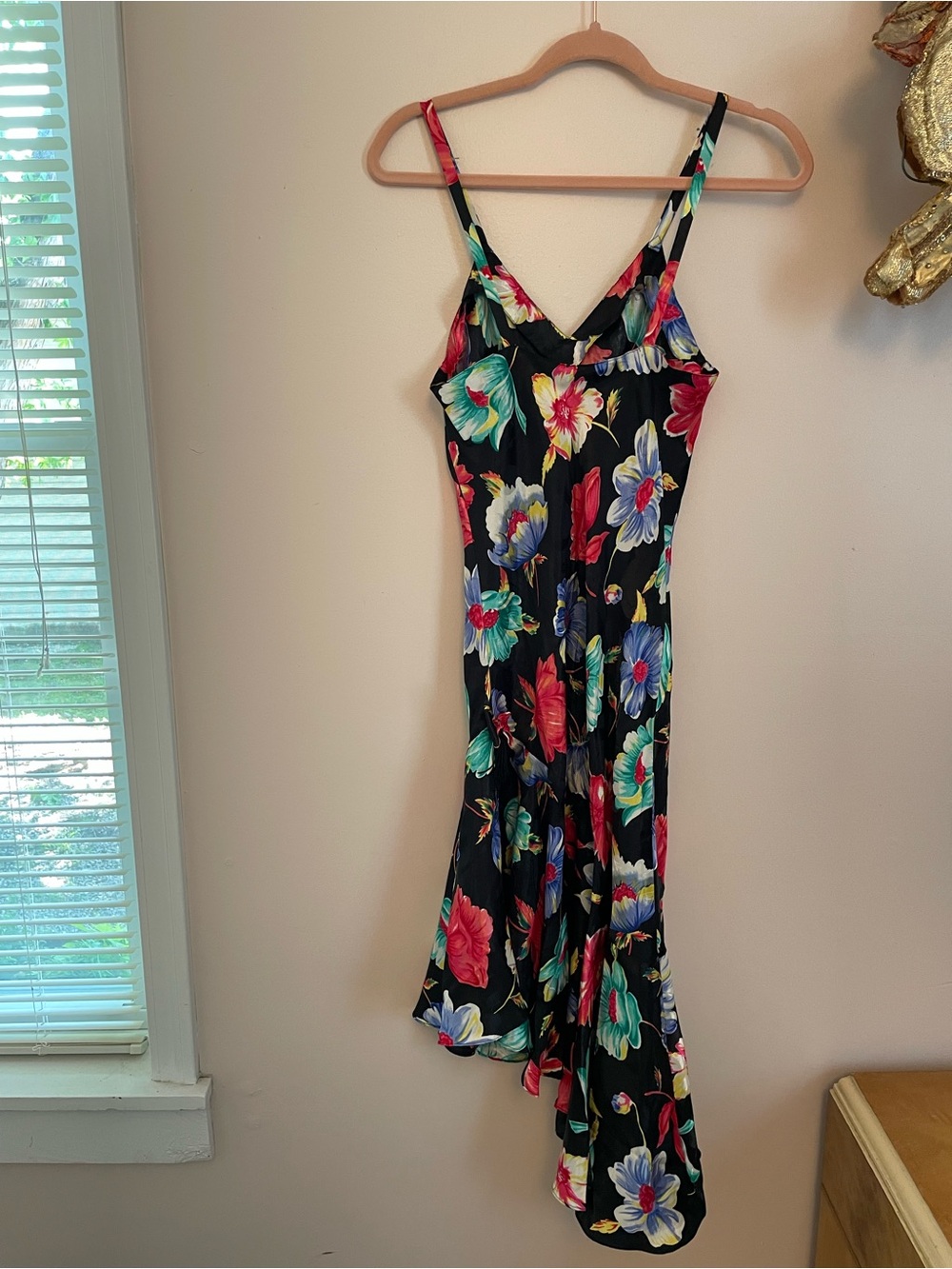 Victoria's Secret Gold Label Black Floral Slip with Multicolor Blooms Bow&Tassel